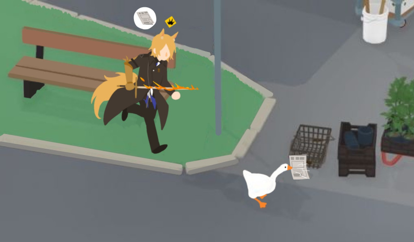 1boy animal arknights bench bird chasing goose goose_(untitled_goose_game) highres holding holding_newspaper mlynar_(arknights) newspaper park_bench parody solo style_parody uncleko5 untitled_goose_game
