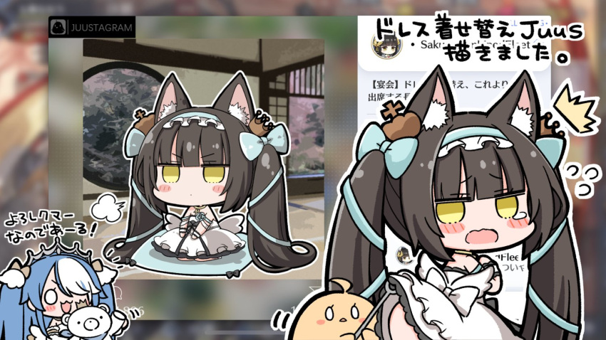 animal_ear_fluff animal_ears aqua_bow azur_lane bangs black_hair blue_hair blunt_bangs blush bow brand_name_imitation chibi crown cushion dress fox_ears fox_girl hair_bow hairband jitome maille-breze_(azur_lane) maille-breze_(sugary_sabbatical)_(azur_lane) manjuu_(azur_lane) mini_crown multicolored_hair nagato_(azur_lane) nagato_(guardian_fox's_procession)_(azur_lane) nejikirio official_alternate_costume seiza sidelocks sitting stuffed_animal stuffed_toy tearing_up teddy_bear tiara twintails white_dress white_hair zabuton