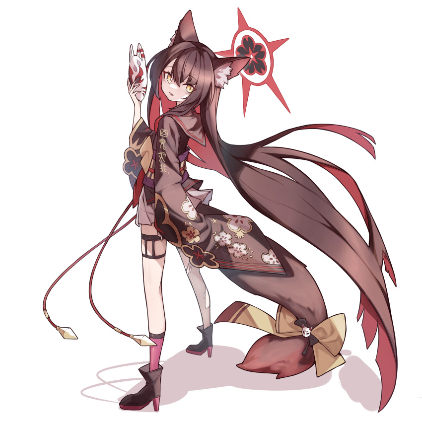 absurdly_long_hair absurdres animal_ear_fluff animal_ears black_footwear blue_archive boots brown_hair brown_kimono full_body halo highres japanese_clothes kimono legs long_hair long_sleeves mmhomm simple_background sleeves_past_fingers sleeves_past_wrists standing very_long_hair wakamo_(blue_archive) white_background yellow_eyes