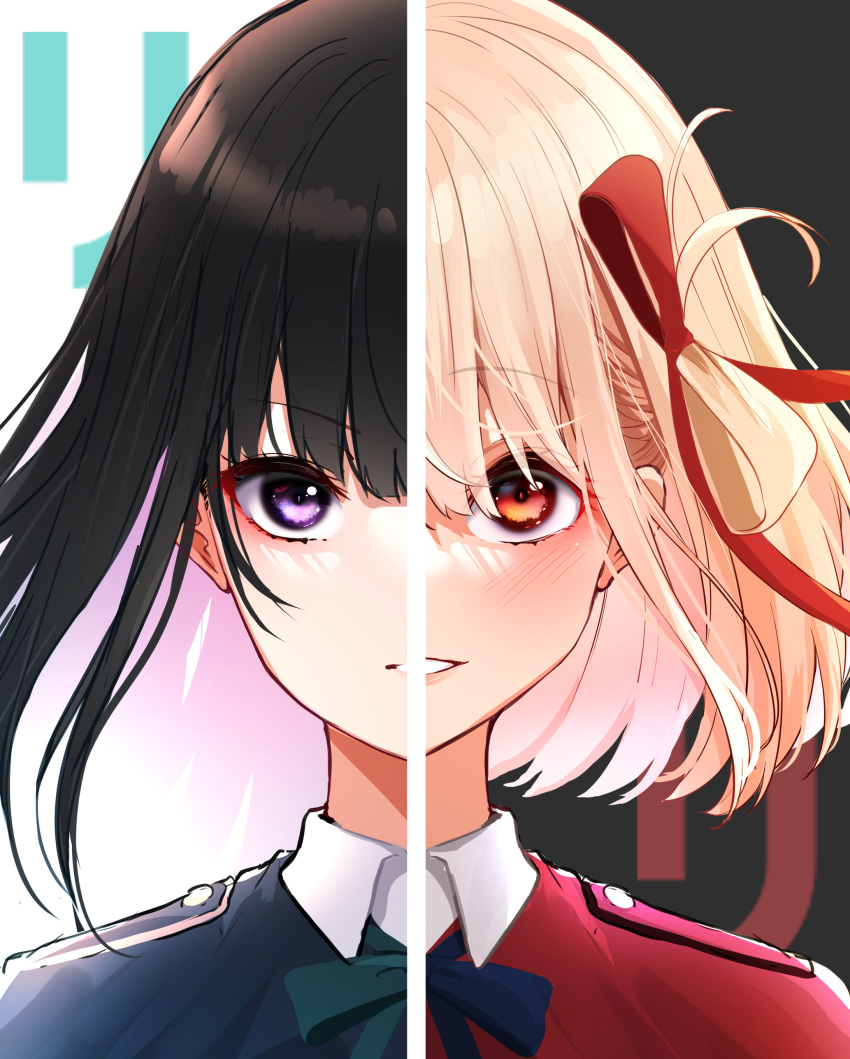 2girls absurdres black_dress black_hair blonde_hair blue_bow blush bow collared_dress commentary_request dress green_bow hair_ribbon highres inoue_takina looking_at_viewer lycoris_recoil minato_yu multiple_girls nishikigi_chisato parted_lips portrait red_dress red_eyes red_ribbon ribbon smile split_theme straight-on violet_eyes