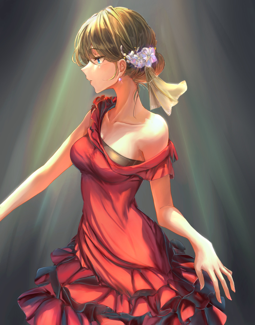 1girl blue_eyes commentary_request dress earrings flower green_hair hair_bun hair_flower hair_ornament highres idolmaster idolmaster_cinderella_girls jewelry long_dress mole mole_under_eye nyome991 red_dress short_hair single_bare_shoulder single_hair_bun sleeveless sleeveless_dress solo takagaki_kaede