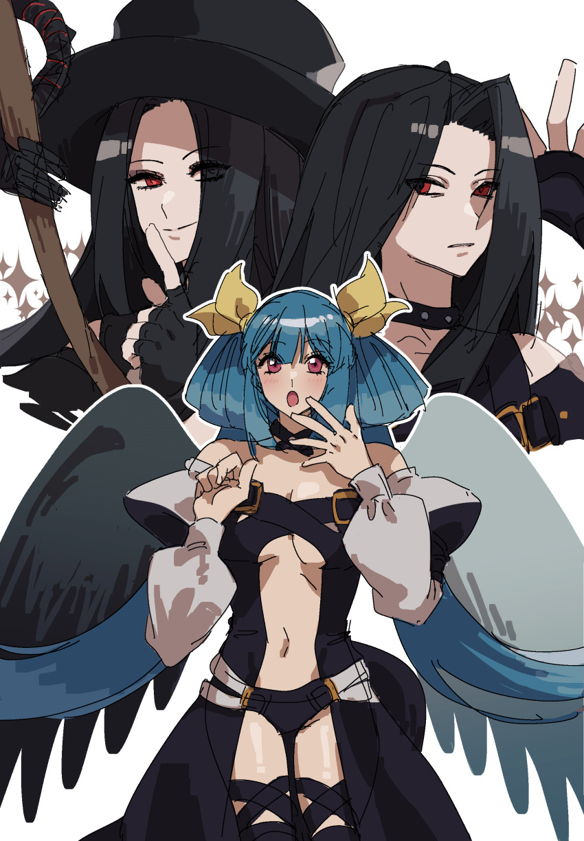 1girl 2others absurdres asymmetrical_wings black_hair blue_hair center_opening choker dizzy_(guilty_gear) guilty_gear guilty_gear_strive hair_ribbon hat highres ko_jira long_hair multiple_others pale_skin puffy_sleeves red_eyes ribbon surprised testament_(guilty_gear) thigh-highs top_hat twintails very_long_hair wings