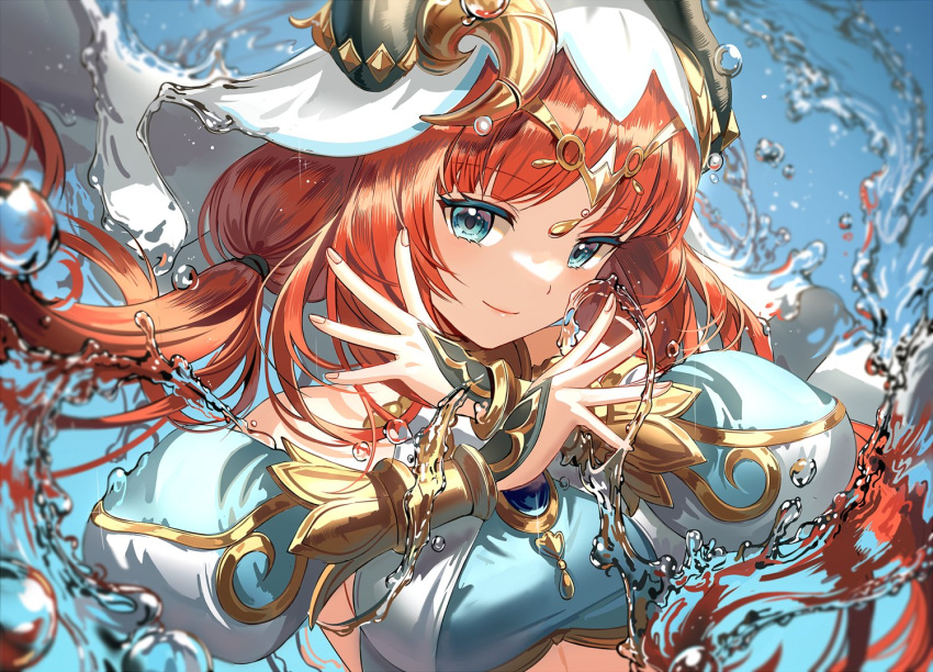 1girl aqua_eyes bangs bare_shoulders blurry breasts circlet closed_mouth crop_top depth_of_field detached_sleeves floating_hair forehead_jewel genshin_impact gold_trim jewelry long_sleeves looking_at_viewer low_twintails medium_breasts neck_ring nilou_(genshin_impact) parted_bangs puffy_long_sleeves puffy_sleeves redhead silence_girl smile solo twintails upper_body vambraces veil water white_headwear x_arms
