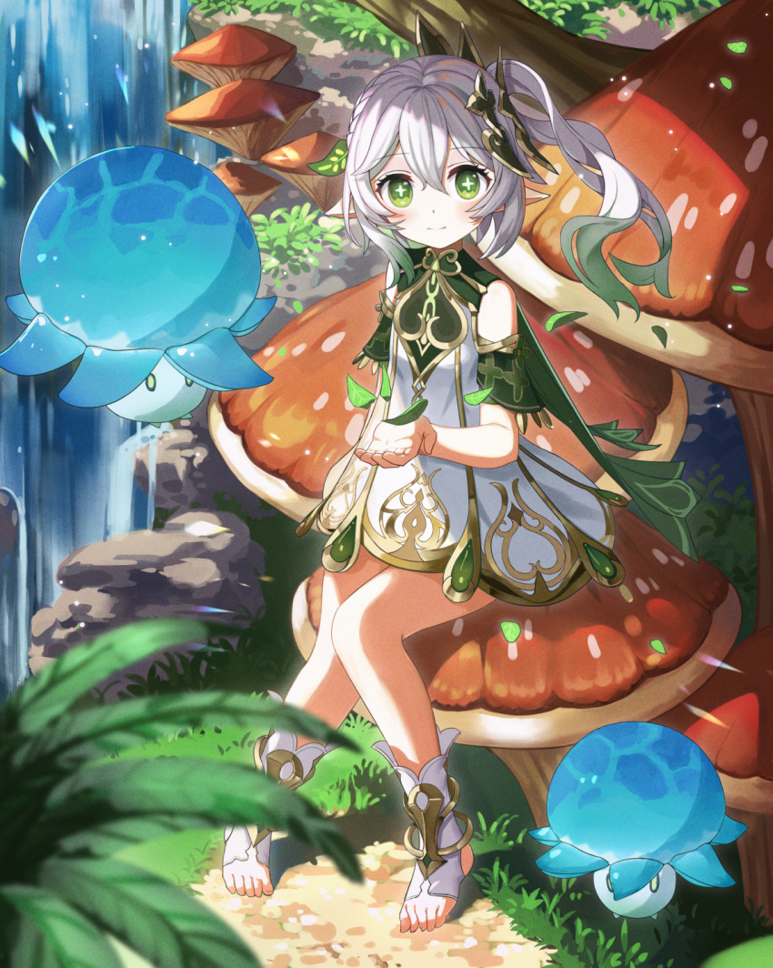 1girl bangs blush cape closed_mouth commentary_request cross-shaped_pupils detached_sleeves dress feet foot_focus foreshortening forest fungi_(genshin_impact) genshin_impact gradient_hair green_cape green_eyes green_hair green_sleeves grey_hair hair_between_eyes hair_ornament highres knees_together_feet_apart leaf_hair_ornament legs long_hair multicolored_hair mushroom nahida_(genshin_impact) nature no_shoes otomo_no_sachi pointy_ears ponytail side_ponytail sidelocks sitting sleeveless sleeveless_dress smile socks soles solo stirrup_legwear thighs toeless_legwear toes tree water waterfall white_dress
