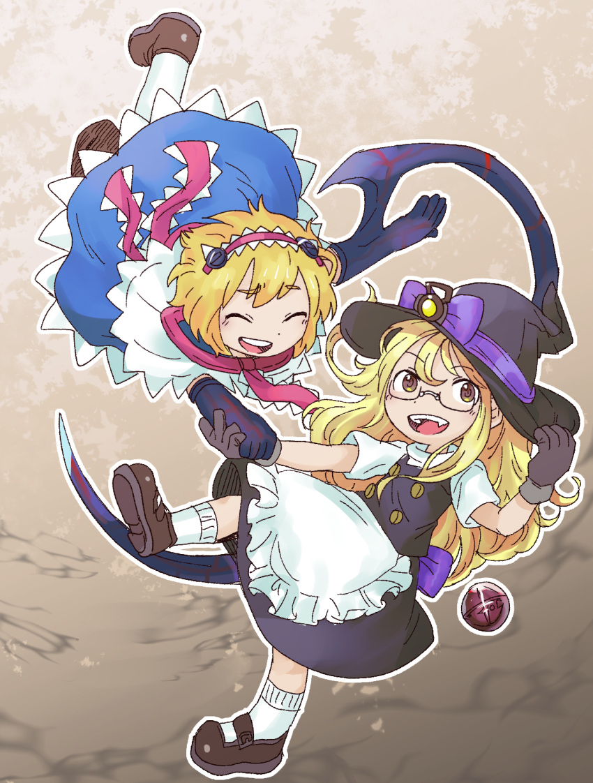 2girls alice_margatroid apron bangs black-framed_eyewear black_headwear black_skirt black_vest blonde_hair blue_dress bois_de_justice bow brown_footwear buttons capelet closed_eyes cookie_(touhou) dies_irae dress frilled_dress frilled_hairband frilled_necktie frills full_body glasses hairband hat hat_bow highres hinase_(cookie) hita_(hizokuseikogeki) kirisame_marisa long_hair looking_at_viewer mary_janes multiple_girls necktie open_mouth purple_bow red_hairband red_necktie semi-rimless_eyewear shinza_bansho_series shirt shoes skirt skirt_set smile touhou translation_request turtleneck under-rim_eyewear uzuki_(cookie) vest waist_apron white_apron white_capelet white_shirt witch_hat yellow_eyes