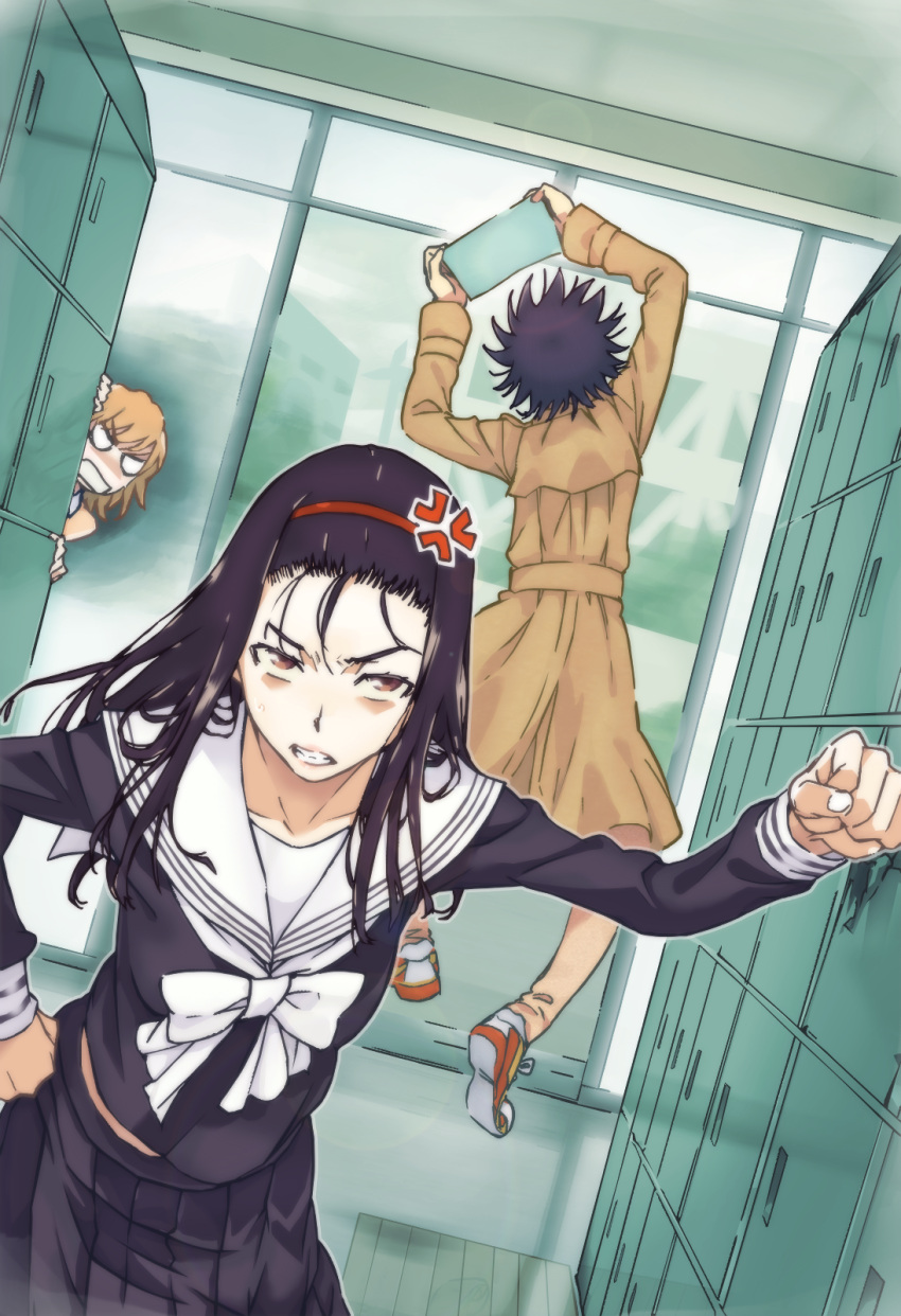 1boy 2girls anger_vein angry arms_up black_hair black_skirt bow breasts brown_eyes brown_hair clenched_hand clenched_teeth colorized day from_behind full_body gazing_eye haimura_kiyotaka hairband hand_up hiding highres holding holding_letter indoors jumping kamijou_touma kumokawa_seria letter long_hair long_sleeves looking_at_another looking_at_viewer medium_breasts medium_hair midair misaka_mikoto multiple_girls novel_illustration official_art pleated_skirt red_footwear red_hairband school school_uniform short_hair skirt spiky_hair spoilers teeth toaru_majutsu_no_index toaru_majutsu_no_index:_new_testament upper_body white_bow