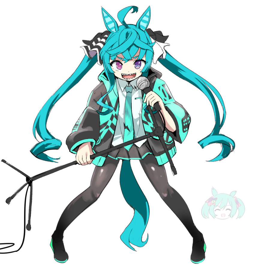 1girl :d ahoge animal_ears aqua_hair aqua_necktie bangs black_footwear black_skirt blue_eyes boots commentary_request cosplay crossed_bangs full_body hatsune_miku hatsune_miku_(cosplay) heterochromia holding holding_microphone_stand horse_ears horse_girl horse_tail jacket long_hair long_sleeves looking_at_viewer microphone microphone_stand necktie open_clothes open_jacket pleated_skirt sharp_teeth simple_background skirt smart_falcon_(umamusume) smile solo standing tail teeth tenten_(chan4545) thigh_boots twin_turbo_(umamusume) twintails umamusume very_long_hair violet_eyes vocaloid white_background