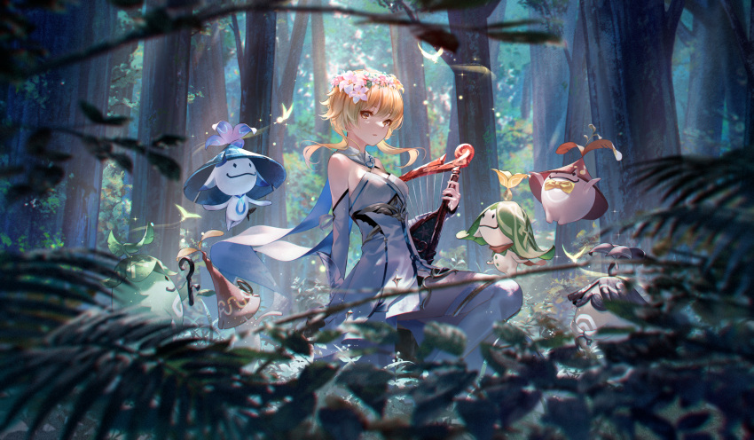 1girl bangs bare_shoulders blonde_hair boots breasts dress elbow_gloves flower forest genshin_impact gloves gold_trim hair_between_eyes hair_flower hair_ornament highres lily_(flower) looking_at_viewer lumine_(genshin_impact) nature orange_eyes outdoors parted_lips scarf short_hair short_hair_with_long_locks sidelocks sleeveless sleeveless_dress small_breasts sousou_(sousouworks) thigh_boots tree white_dress white_flower white_footwear white_gloves white_scarf