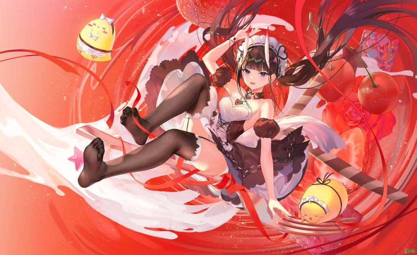 1girl apron atdan azur_lane bangs bare_shoulders black_dress black_thighhighs blue_eyes blunt_bangs breasts brown_hair cherry closed_mouth detached_collar detached_sleeves dress feet floating_hair food fruit full_body highres horns long_hair looking_at_viewer maid_headdress manjuu_(azur_lane) medium_breasts noshiro_(azur_lane) noshiro_(hold_the_ice)_(azur_lane) official_alternate_costume oni_horns puffy_short_sleeves puffy_sleeves red_ribbon revision ribbon short_sleeves sidelocks smile soles solo strawberry thigh-highs toes twintails very_long_hair white_apron