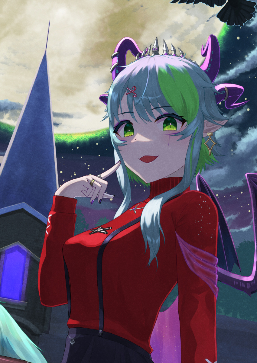 1girl bird black_nails black_sky breasts bsapricot_(vtuber) candy_cane_hair_ornament castle clouds commentary crow demon_girl demon_horns demon_wings earrings english_commentary food-themed_hair_ornament green_eyes green_hair hair_ornament highres horns jewelry looking_at_viewer medium_breasts moon multicolored_hair multicolored_nails multiple_horns nail_polish night open_mouth pentagram pointy_ears purple_nails red_sweater ring short_hair short_hair_with_long_locks star_(sky) streaked_hair suspenders sweater tower virtual_youtuber vshojo wings yonaga_nagaduki