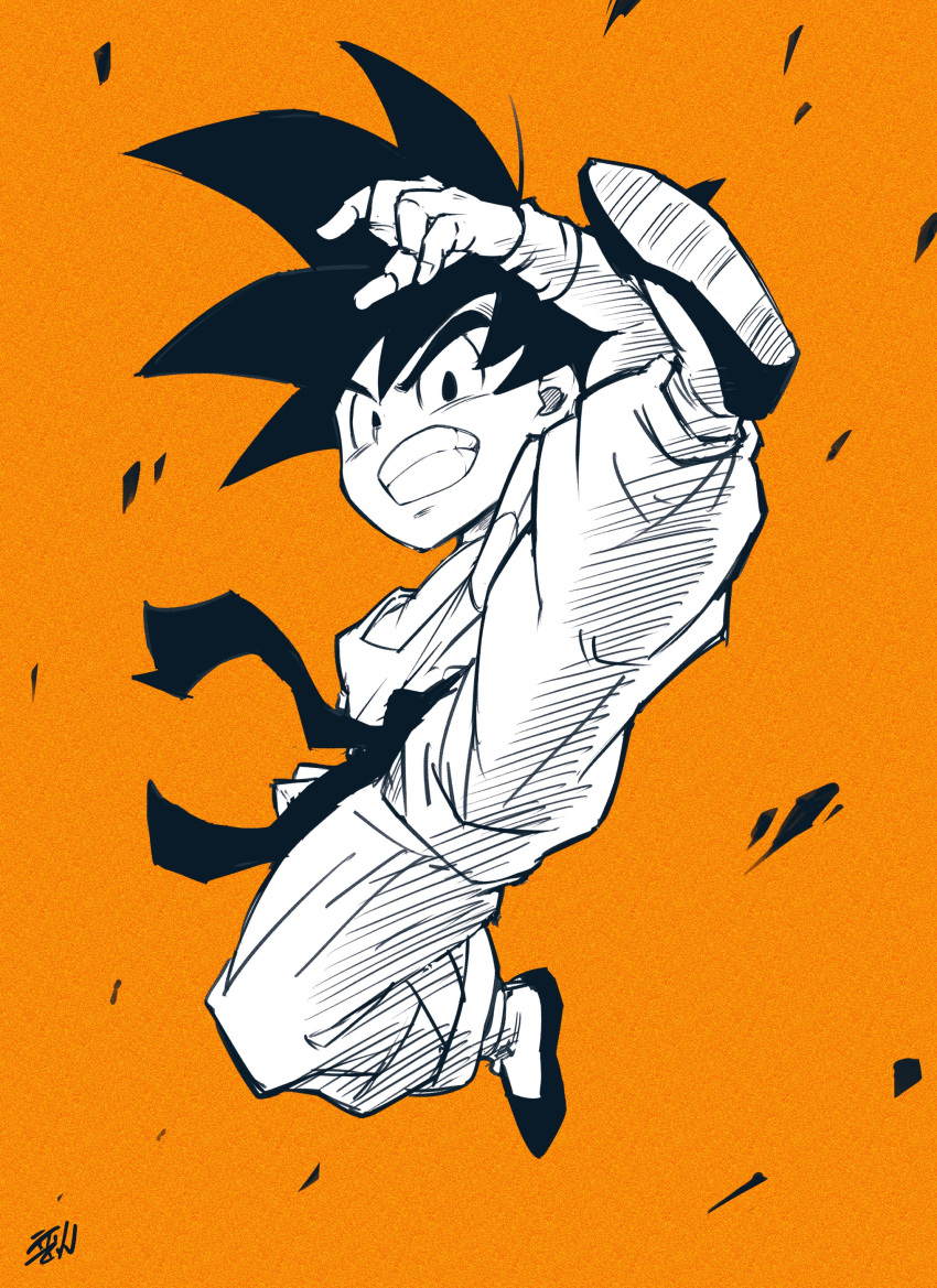 1boy absurdres aiming_at_viewer belt black_belt black_eyes black_hair boots child commentary_request dougi dragon_ball dragon_ball_(classic) gloves highres incoming_attack incoming_kick liedein looking_at_viewer male_child male_focus orange_background saiyan simple_background smile solo son_goku spiky_hair tail