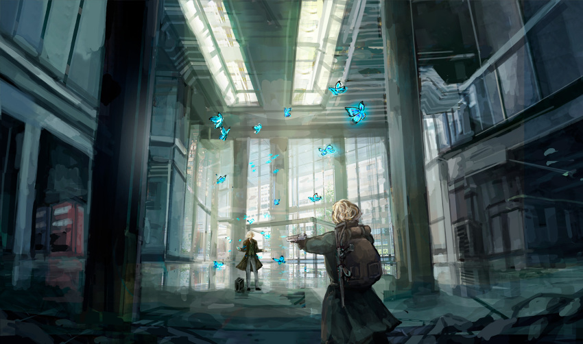 2boys aiming assault_rifle backpack bag blonde_hair blue_butterfly bug butterfly coat green_jacket gun handgun hands_up highres holding holding_gun holding_weapon indoors jacket male_focus multiple_boys original pointing_gun pointing_weapon rifle scenery standing weapon yamaneko8686