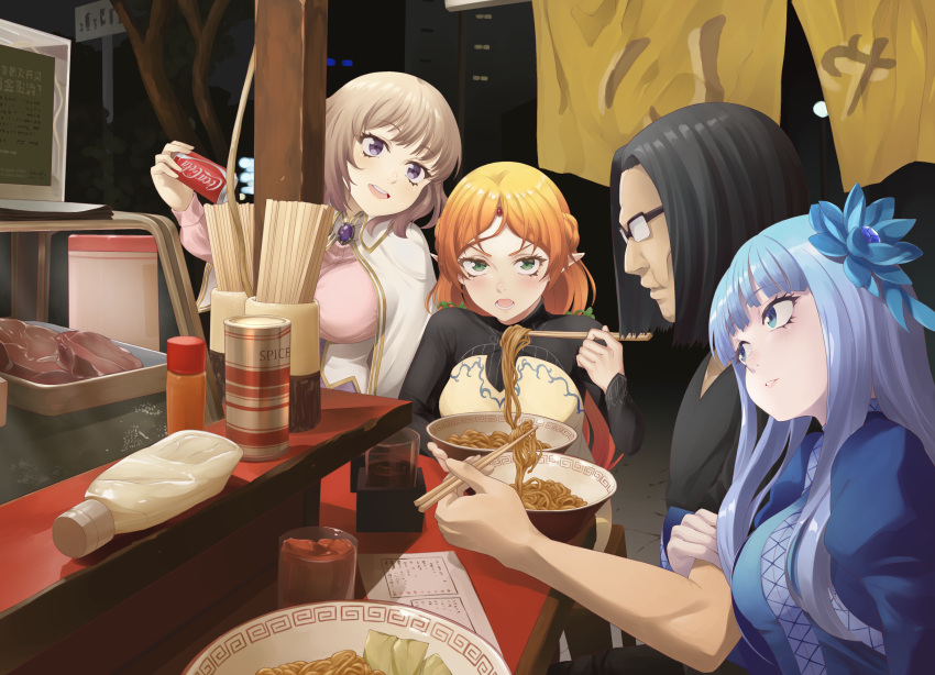 1boy 3girls absurdres alicia_edelcia arm_grab blue_eyes blue_hair blush bowl breasts brown_hair can chopsticks coca-cola elf food glasses green_eyes hair_ornament highres holding holding_can isekai_ojisan large_breasts long_hair mabel_raybert multiple_girls noodles open_mouth orange_hair pointy_ears ramen rena_sakuma restaurant shibazaki_yousuke short_hair soda_can sui_(isekai_ojisan) violet_eyes