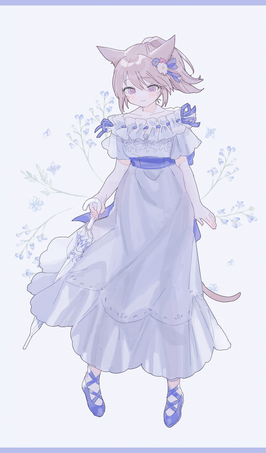 1girl animal_ears avatar_(ff14) blue_dress cat_ears cat_girl cat_tail dress final_fantasy final_fantasy_xiv flower full_body funa_(sakana) hair_flower hair_ornament highres light_brown_hair long_dress medium_hair miqo'te see-through_silhouette short_sleeves smile tail umbrella violet_eyes