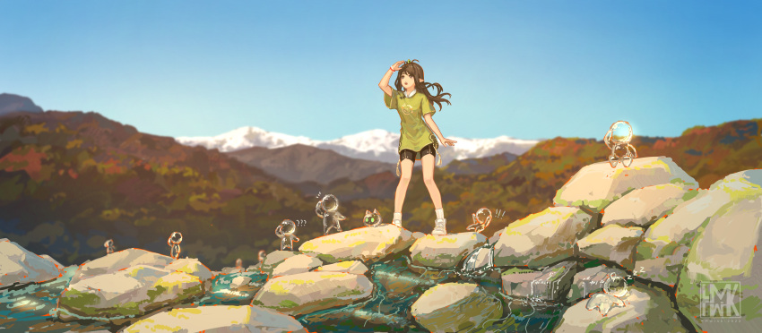 1girl :o absurdres bracelet brown_hair day green_shirt hand_up highres hua_ming_wink jewelry long_hair looking_afar mountain nature open_mouth original outdoors pointy_ears rock scenery shirt shoes shorts sneakers soap_bubbles standing water
