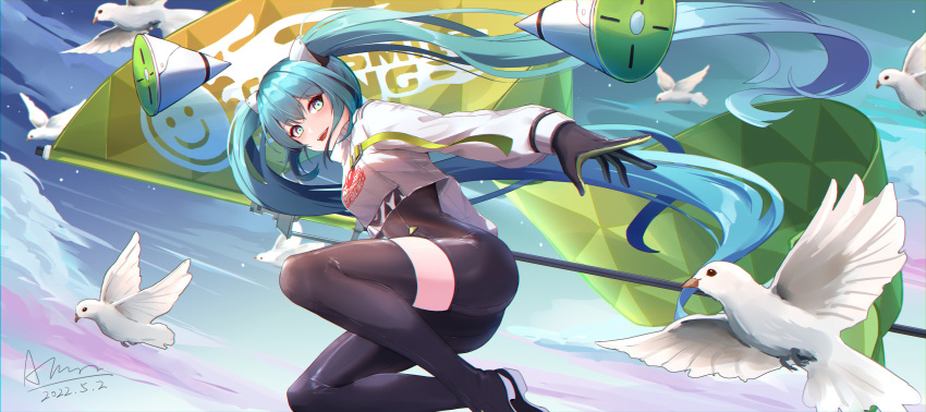 1girl :d absurdres bangs banner bird black_footwear black_gloves black_jumpsuit blue_hair boots chiyo_akira cropped_jacket floating_hair gloves green_eyes hair_between_eyes hair_ornament hatsune_miku highres holding incredibly_absurdres jacket jumpsuit long_hair long_sleeves open_mouth racing_miku racing_miku_(2022) shiny shiny_hair short_jumpsuit smile solo thigh_boots twintails very_long_hair vocaloid white_jacket