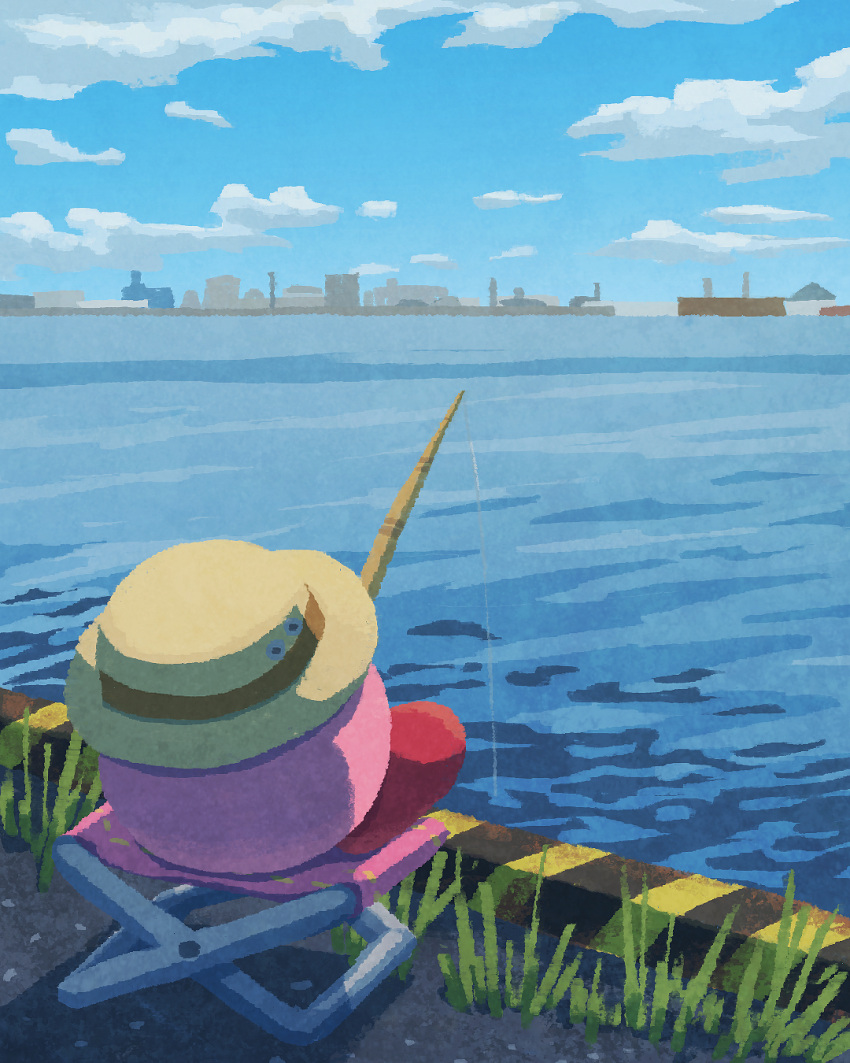 blue_sky building clouds day fishing fishing_line fishing_rod grass hat highres holding holding_fishing_rod kirby kirby_(series) miclot ocean outdoors road scenery sitting sky solo summer