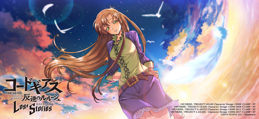 1girl arms_behind_back belt belt_buckle bird brown_belt brown_hair buckle clouds code_geass code_geass:_genesic_re;code copyright_name dress_shirt dutch_angle floating_hair green_shirt highres jacket lens_flare long_hair long_sleeves looking_at_viewer miniskirt open_clothes open_jacket outdoors parted_lips purple_jacket purple_skirt shiny shiny_hair shirley_fenette shirt skirt sky solo star_(sky) starry_sky very_long_hair yellow_eyes