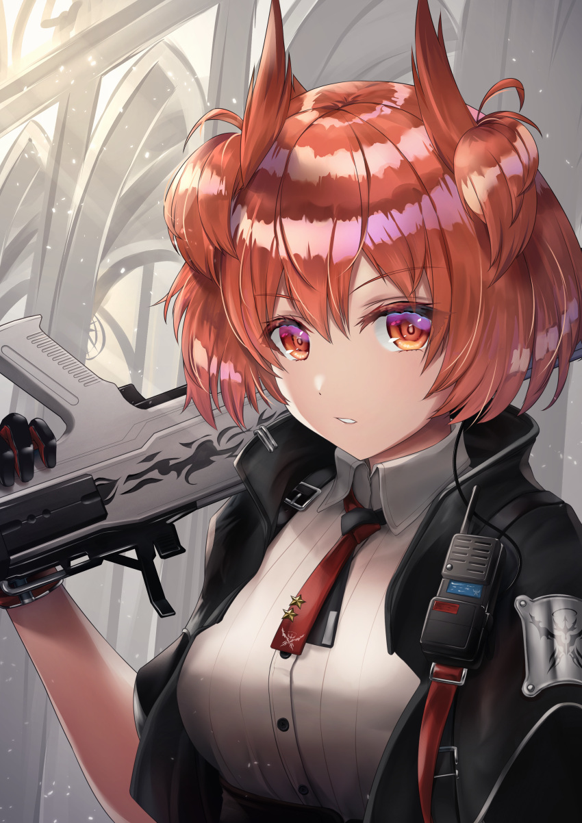 1girl absurdres arknights bangs black_gloves black_jacket breasts building day feather_hair fiammetta_(arknights) gloves gun highres holding holding_gun holding_weapon jacket kantai_collection light_particles looking_at_viewer medium_breasts necktie open_clothes open_jacket outdoors parted_lips red_eyes red_necktie redhead shirt short_hair short_sleeves solo sunlight tirufuran walkie-talkie weapon white_shirt