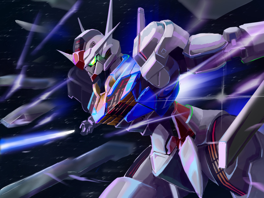 beam_saber commentary donguri_kaijin energy_sword funnels_(gundam) green_eyes gundam gundam_aerial gundam_suisei_no_majo highres mecha mobile_suit no_humans robot solo space sword upper_body v-fin weapon