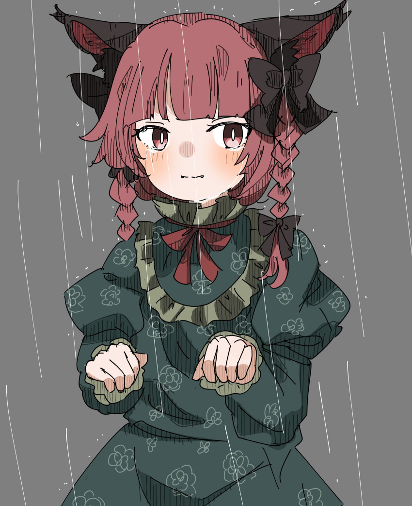 1girl animal_ears bangs blunt_bangs bow braid cat_ears clenched_hand clenched_hands dress eyebrows_hidden_by_hair floral_print green_dress hair_bow highres iroha-kuro kaenbyou_rin light_smile looking_at_viewer paw_pose rain red_eyes redhead solo touhou twin_braids