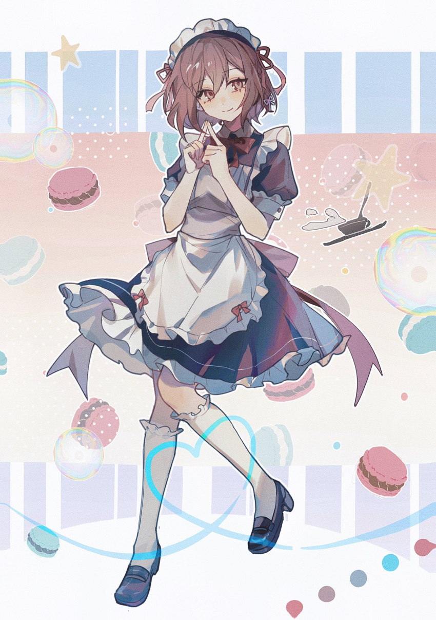 1girl alternate_costume apron black_dress black_footwear bow bowtie brown_eyes brown_hair closed_mouth commentary dress enmaided eyes food frilled_apron frilled_socks frills full_body hair hair_ribbon highres hisakawa_sora index_fingers_together kneehighs looking_to_the_side macaron maid maid_headdress project_sekai puffy_short_sleeves puffy_sleeves red_bow red_bowtie red_ribbon ribbon shinonome_ena short_sleeves smile socks solo white_apron white_socks