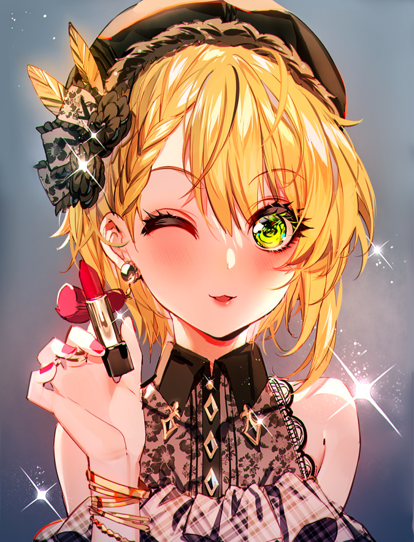 1girl bangs baocaizi black_flower blonde_hair braid cosmetics earrings feather_hair_ornament feathers flower green_eyes grey_headwear hair_between_eyes hair_flower hair_ornament highres holding holding_lipstick_tube idolmaster idolmaster_cinderella_girls idolmaster_cinderella_girls_starlight_stage jewelry lipstick_tube looking_at_viewer miyamoto_frederica nail_polish one_eye_closed open_mouth portrait red_nails shiny shiny_hair short_hair single_braid solo sparkle wing_collar yellow_feathers