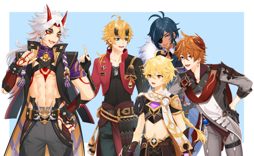 5boys abs aether_(genshin_impact) ahoge arataki_itto bangs black_gloves black_pants black_shirt blonde_hair blue_eyes blue_hair braid cape crop_top dark-skinned_male dark_skin earrings eyepatch fake_horns fangs fingerless_gloves fur-trimmed_cape fur_trim genshin_impact gloves green_eyes grey_jacket grey_pants hair_between_eyes highres horned_headwear horns jacket japanese_clothes jewelry kaeya_(genshin_impact) long_hair long_sleeves male_focus mask mask_on_head multicolored_hair multiple_boys muscular muscular_male navel necklace oni oni_horns open_mouth orange_cape orange_hair pale_skin pants pinchi pointing ponytail red_eyes red_mask scarf shirt short_hair single_braid single_earring smile spikes tartaglia_(genshin_impact) tattoo thoma_(genshin_impact) toned toned_male vision_(genshin_impact) white_cape white_hair yellow_eyes