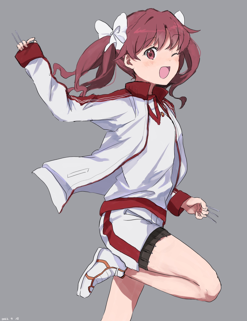 1girl ;d absurdres between_fingers blush breasts dated from_side grey_background gym_shirt gym_shorts gym_uniform highres holding holding_needle jacket leg_up long_sleeves looking_at_viewer medium_hair needle one_eye_closed open_clothes open_jacket open_mouth red_eyes redhead shirai_kuroko shirt shoes shorts simple_background sleeves_past_wrists small_breasts smile sneakers solo takatisakana thigh_strap toaru_kagaku_no_railgun toaru_majutsu_no_index two_side_up white_footwear white_jacket white_shirt white_shorts