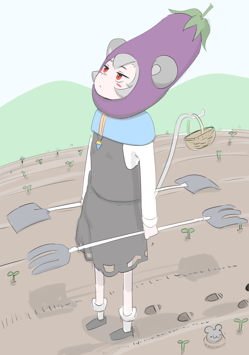 1girl absurdres animal_ears basket black_footwear blue_capelet capelet closed_mouth eggplant_costume from_side full_body grey_hair grey_skirt grey_vest highres holding holding_shovel long_sleeves looking_up mouse mouse_ears mouse_girl mouse_tail nazrin outdoors red_eyes serakawa shirt short_hair shovel skirt skirt_set socks solo standing tail touhou vest white_shirt white_socks