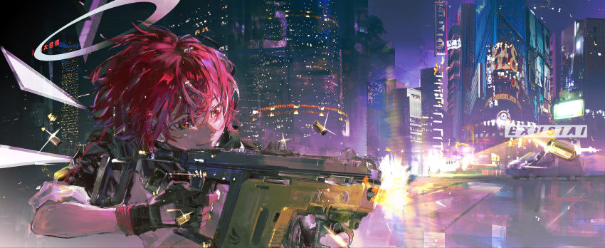 1girl arknights assault_rifle black_gloves building character_name cityscape detached_wings energy_wings exusiai_(arknights) fingerless_gloves firing gloves gun halo highres jacket kriss_vector messy_hair night orange_eyes outdoors penguin_logistics_logo redhead rifle scenery shell_casing short_hair short_sleeves skyscraper smile solo suan_jian_zhong_he submachine_gun upper_body weapon white_jacket wings