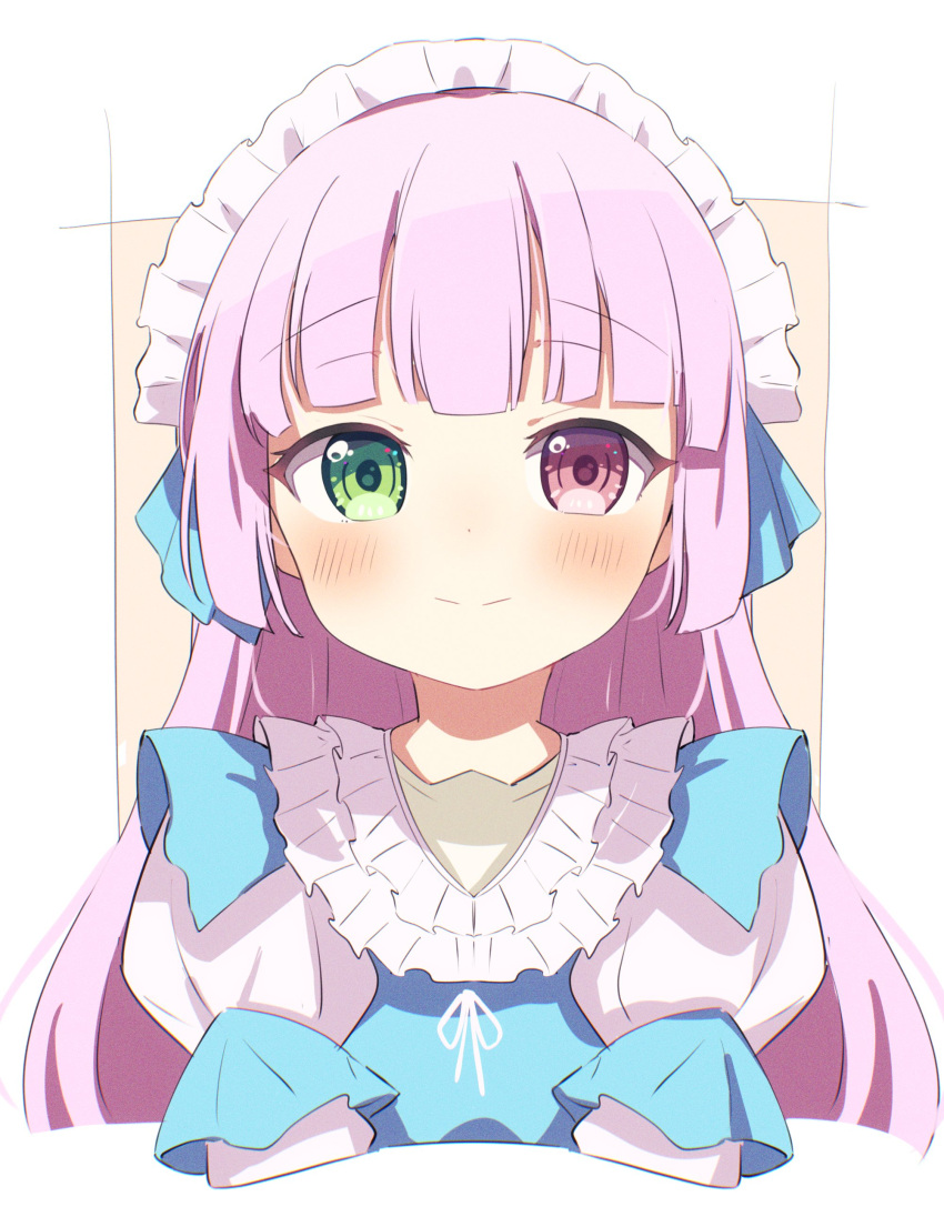 1girl absurdres bangs blue_dress blush brown_background closed_mouth commentary_request copyright_request cropped_torso dress green_eyes heterochromia highres layered_sleeves long_sleeves looking_at_viewer maid_headdress neck_ribbon okota_mikan pink_hair puffy_short_sleeves puffy_sleeves red_eyes ribbon short_over_long_sleeves short_sleeves smile solo two-tone_background upper_body white_background white_ribbon