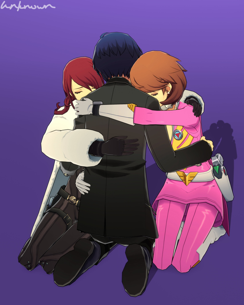 1boy 2girls absurdres armor belt blue_eyes brown_hair closed_eyes coat from_behind fur_coat gloves group_hug highres hug kirijou_mitsuru long_hair multiple_girls persona persona_3 persona_4:_the_ultimate_in_mayonaka_arena persona_4:_the_ultimax_ultra_suplex_hold redhead school_uniform takeba_yukari unknownentity white_coat yuuki_makoto