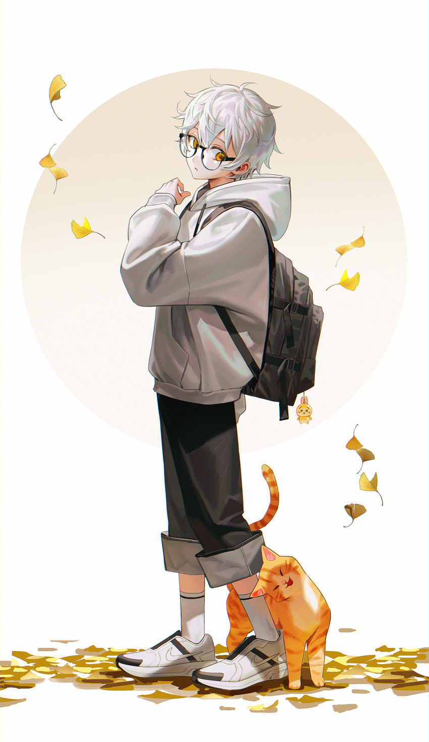 1boy absurdres autumn autumn_leaves backpack bag black_pants cat child glasses grey_sweater highres kneehighs looking_back male_child male_focus on_(onon2659) orange_cat original pants pants_rolled_up shoes short_hair simple_background sneakers socks standing sweater white_background white_hair yellow_eyes