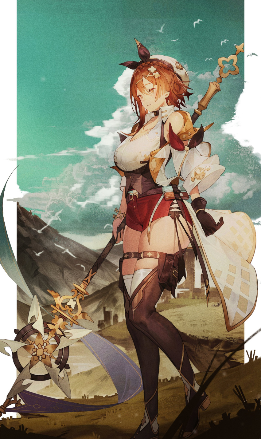 1girl absurdres atelier_(series) atelier_ryza atelier_ryza_3 belt bird boots border bracelet braid breasts brown_belt brown_gloves brown_hair capelet choker clouds collared_shirt crown_braid detached_sleeves gloves grass hair_ornament hair_ribbon hairclip highres holding holding_staff jewelry large_breasts mooofoo mountainous_horizon necklace red_shorts reisalin_stout ribbon scenery shirt short_hair short_shorts shorts single_glove sky staff thigh_boots thigh_strap thighs underbust white_border white_headwear white_shirt wide_sleeves x_hair_ornament