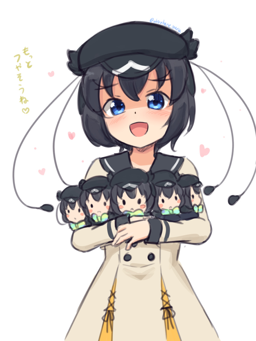1girl :d bird_girl bird_wings black_hair blue_eyes blush cabbie_hat character_doll commentary cowboy_shot dress hat head_wings heart highres kemono_friends kemono_friends_3 long_sleeves looking_at_viewer official_alternate_costume open_mouth sailor_collar sailor_dress school_uniform shiraha_maru short_hair simple_background smile solo translated twitter_username western_parotia_(kemono_friends) white_background wings