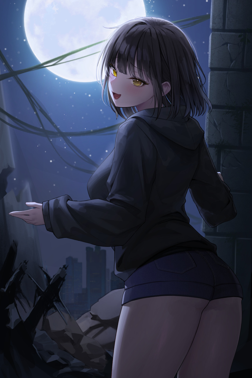 1girl absurdres black_skirt blue_shorts blush breasts cityscape commentary_request cowboy_shot full_moon highres hood hooded_shirt lethe_(lethe187) long_sleeves looking_at_viewer looking_back moon night night_sky open_mouth original shorts skirt sky smile solo standing star_(sky) yellow_eyes