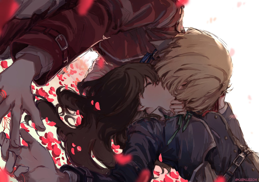 2girls blonde_hair closed_eyes highres inoue_takina kabnu2204 kiss long_hair lycoris_recoil lycoris_uniform multiple_girls nishikigi_chisato on_ground petals short_hair vietnamese_commentary yuri