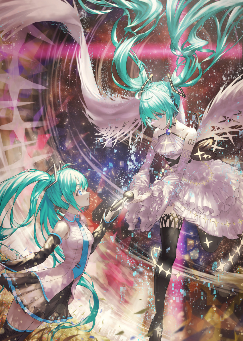 2girls absurdres aqua_eyes aqua_hair atatatatame01 bare_shoulders detached_sleeves dress hair_ornament hatsune_miku highres holding holding_microphone long_hair looking_at_another microphone multiple_girls necktie thigh-highs twintails very_long_hair vocaloid zettai_ryouiki