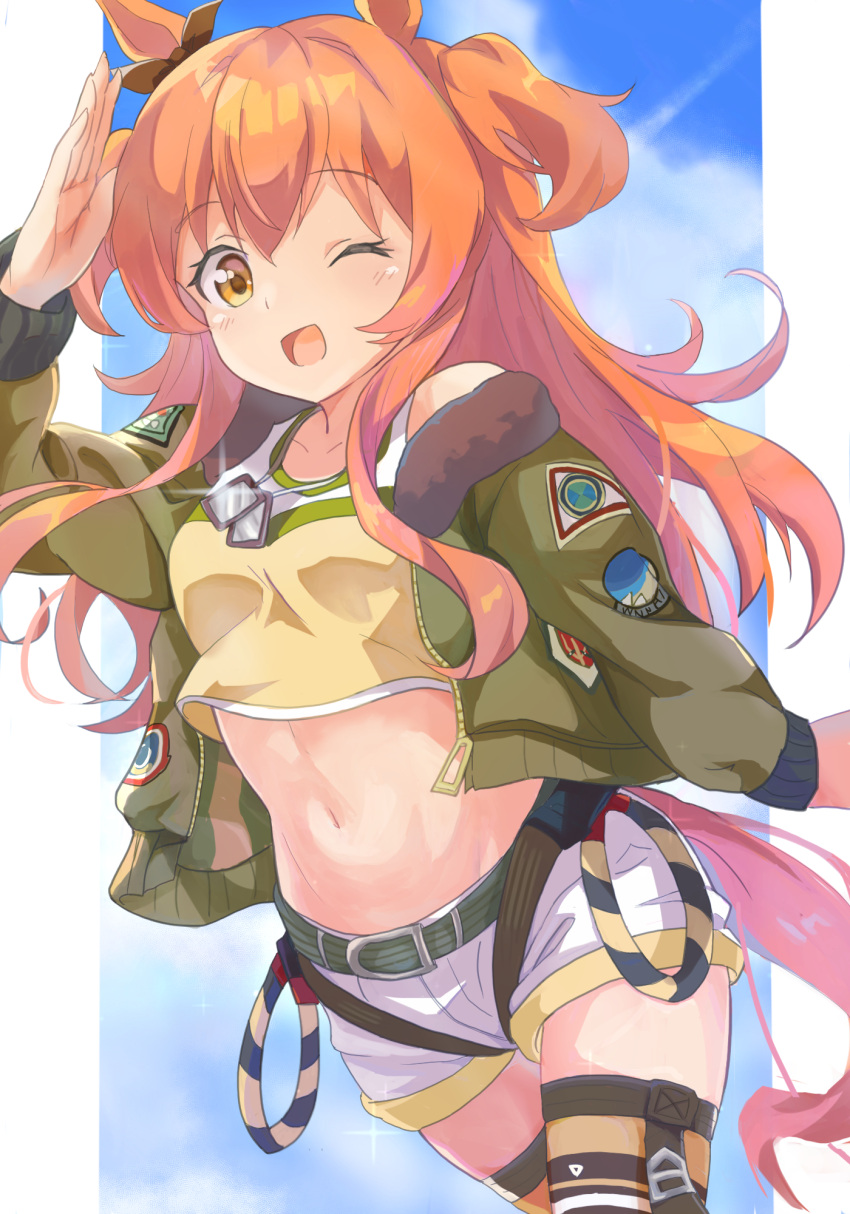 1girl animal_ears belt blue_sky clouds dog_tags dotton9 ear_bow feet_out_of_frame green_jacket hair_between_eyes highres horse_ears horse_girl jacket long_hair long_sleeves mayano_top_gun_(umamusume) navel one_eye_closed open_clothes open_jacket orange_eyes orange_hair shirt short_shorts short_twintails shorts sidelocks sky solo standing stomach tank_top twintails umamusume yellow_shirt