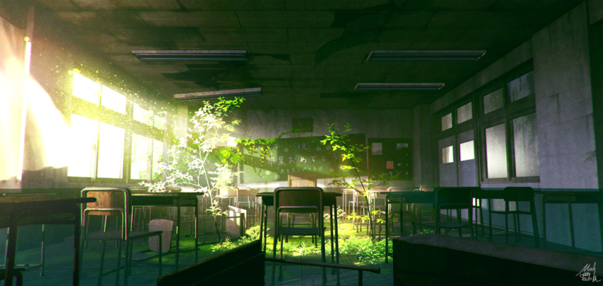 chair classroom fantasy grass mocha_(cotton) no_humans original overgrown ruins scenery school_chair sunlight tree window