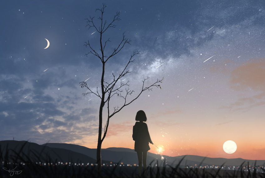 1girl absurdres bare_tree blue_sky clouds crescent_moon evening fireworks gradient_sky grass highres holding holding_fireworks moon orange_sky original outdoors scenery shooting_star short_hair sky solo sparkle sparkler standing star_(sky) starry_sky sunset tree yu_jing