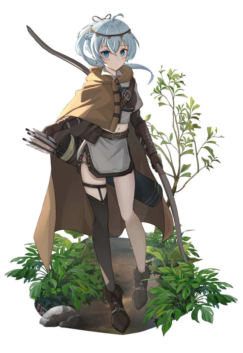1girl absurdres ahoge arrow_(projectile) bangs belt blue_eyes blue_gemstone bow_(weapon) breasts brown_belt brown_cloak brown_footwear brown_thighhighs cloak closed_mouth commentary earrings english_commentary facepaint full_body gem gloves grey_hair grey_shirt grey_skirt hair_between_eyes hair_ornament highres holding holding_bow_(weapon) holding_weapon humany jewelry leather leather_gloves long_hair looking_at_viewer midriff multiple_belts navel on_ground original outdoors plant ponytail quiver rock shirt side_slit simple_background single_thighhigh skirt small_breasts solo standing thigh-highs thigh_strap vambraces weapon white_background