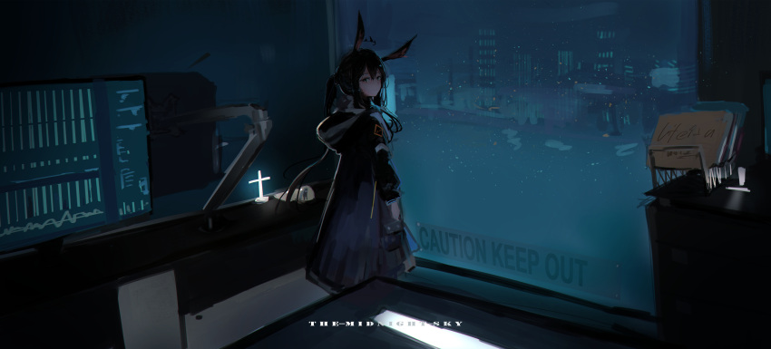 1girl absurdres amiya_(arknights) animal_ears arknights black_coat blue_eyes brown_hair building coat cross dark english_text highres hood hood_down hooded_coat indoors lemtun long_hair long_sleeves looking_at_viewer looking_back night night_sky ponytail rabbit_ears rabbit_girl scenery sky skyscraper solo star_(sky) starry_sky