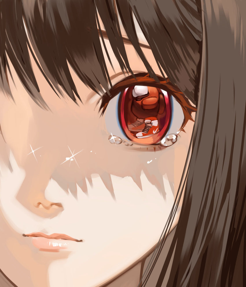 1girl absurdres among_us bangs brown_hair closed_mouth commentary crewmate_(among_us) crying crying_with_eyes_open eyelashes hanny_(uirusu_chan) highres lips looking_at_viewer medium_hair nike original red_eyes solo tears