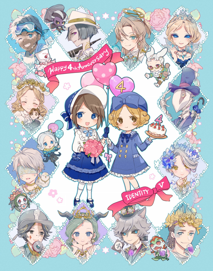 6+boys 6+girls :3 :d animal_ears animal_hands anniversary aqua_eyes arm_up ascot balloon black_gloves black_hair black_necktie black_sclera blindfold blonde_hair blue_dress blue_eyes blue_eyeshadow blue_flower blue_gloves blue_headwear blue_rose blush bonnet bouquet bow bracelet braid brown_eyes cake candle cane cat_ears champagne_flute character_doll chibi closed_eyes collarbone collared_shirt colored_eyelashes colored_sclera colored_skin copyright_name cross-shaped_pupils cup curly_hair dark-skinned_male dark_skin doll_hug doughnut dress drinking_glass earrings eli_clark eli_clark_("white") emma_woods emma_woods_(boudoir_dream) eric_knikki eyeshadow eyewear_strap facial_mark fan_wujiu fang fang_out fiona_gilman fiona_gilman_(ephemeral) flipped_hair flower food freddy_riley freddy_riley_(mr._bunny) frilled_gloves frilled_sleeves frills glasses gloves goggles goggles_around_neck goggles_on_headwear green_skin grey_hair hair_bun hair_over_shoulder half_updo hand_on_own_chin hands_on_own_chin hat head_rest headdress heart_balloon highres holding holding_balloon holding_bouquet holding_photo holding_plate holding_umbrella horns identity_v jack_(golden_tentacle)_(identity_v) jack_(identity_v) jewelry joseph_desaulniers joseph_desaulniers_(moonlight_gentleman) light_green_hair light_smile long_hair long_sleeves looking_at_viewer low_ponytail luca_balsa luca_balsa_(paranormal_detective) luchino_(identity_v) luchino_diruse luchino_diruse_(spring_heated_wine) magnet makeup mary_(identity_v) mary_(night_tides)_(identity_v) mask mechanical_halo memory_(identity_v) memory_(source_of_evil)_(identity_v) monocle multicolored_hair multicolored_skin multiple_boys multiple_girls neckerchief necklace necktie norton_campbell norton_campbell_(jarhead) object_hug oil-paper_umbrella orpheus_(identity_v) photo_(object) pink_eyes pink_flower plate ponytail purple_eyeshadow purple_skin rabbit_ears robbie_(identity_v) robbie_(marshmallow)_(identity_v) rose scales sharp_teeth shirt short_hair_with_long_locks single_braid single_earring single_hair_bun smile snow star_(symbol) symbol-shaped_pupils teeth tiara top_hat tracy_reznik tracy_reznik_(just_around_the_corner) two-tone_hair two-tone_skin umbrella vera_nair vera_nair_(mnemosyne's_dream) violet_eyes violetta_(identity_v) watch weeping_clown_(identity_v) weeping_clown_(swallow_of_deception)_(identity_v) white_ascot white_blindfold white_gloves white_hair wide_sleeves william_ellis william_ellis_(speed_skating) wing_collar wu_chang wu_chang_(celestial_cycle) x-shaped_pupils xie_bian yellow_eyes yellow_eyeshadow yellow_neckerchief
