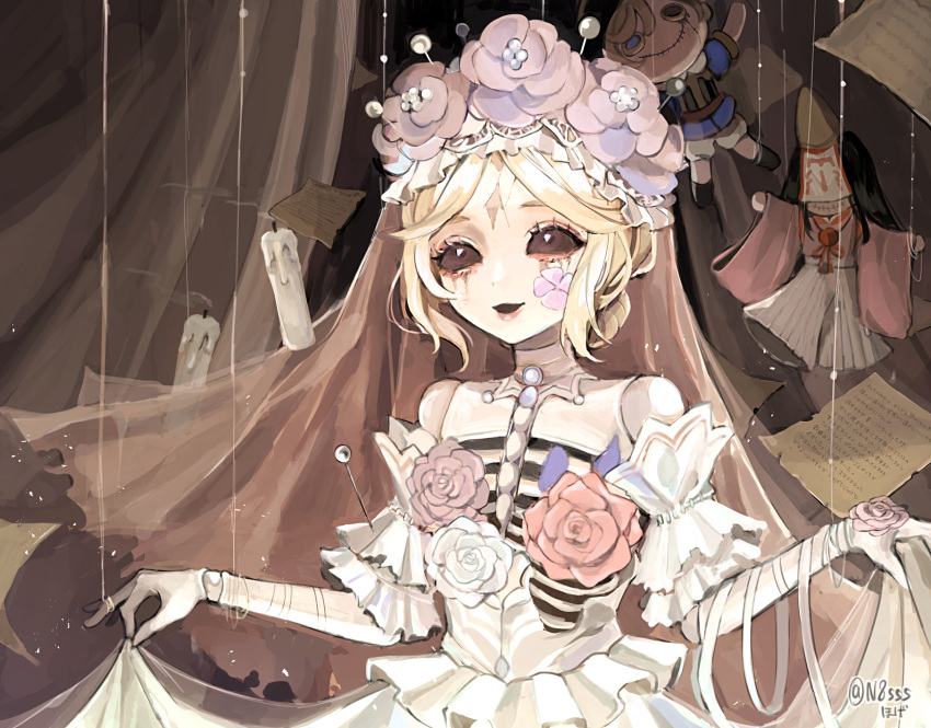 1girl artist_name bare_shoulders black_eyes blonde_hair candle character_doll clothes_pull cracked_skin curtains detached_sleeves doll_joints dress dress_pull eyeshadow facial_mark flower galatea_("succubus")_(identity_v) galatea_(identity_v) hair_bun highres hoge_(n8sss) identity_v joints makeup michiko_(identity_v) michiko_(rainmaker)_(identity_v) needle open_mouth paper pink_flower red_eyeshadow ribs runny_makeup sewing_needle smoke solo stitched_mouth stitches string torn_clothes torn_veil twitter_username veil victor_grantz victor_grantz_("the_prince") white_dress white_flower