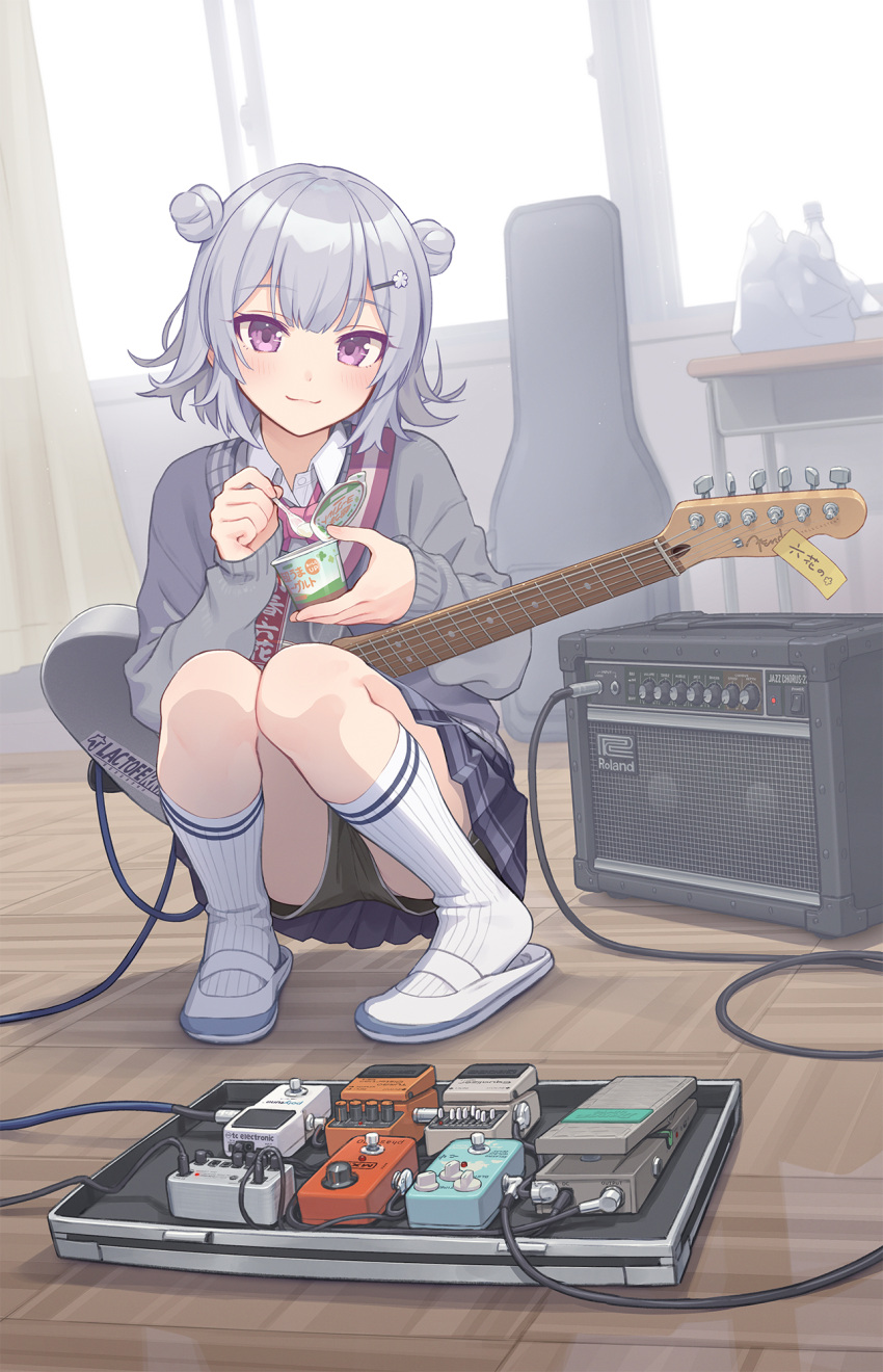 1girl closed_mouth collared_shirt double_bun effects_pedal electric_guitar grey_hair guitar hair_bun hair_ornament hairclip highres indoors instant_ramen instrument kurobuta_gekkan light_blush long_sleeves looking_at_viewer medium_hair miniskirt necktie original pleated_skirt school_uniform shirt shorts shorts_under_skirt skirt smile socks solo squatting violet_eyes white_footwear white_socks wing_collar