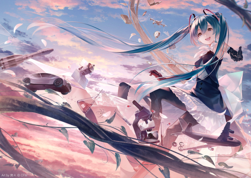 1girl aircraft airplane aqua_eyes aqua_hair bangs black_dress black_gloves black_pantyhose blue_sky book branch car clouds copyright copyright_name dress drone elbow_gloves frilled_dress frills gears gloves ground_vehicle hair_between_eyes hatsune_miku highres long_hair looking_at_viewer microscope motor_vehicle official_art pantyhose pill rocket satellite sky sleeveless sleeveless_dress solo sousou_(sousouworks) spacecraft test_tube twintails very_long_hair vocaloid