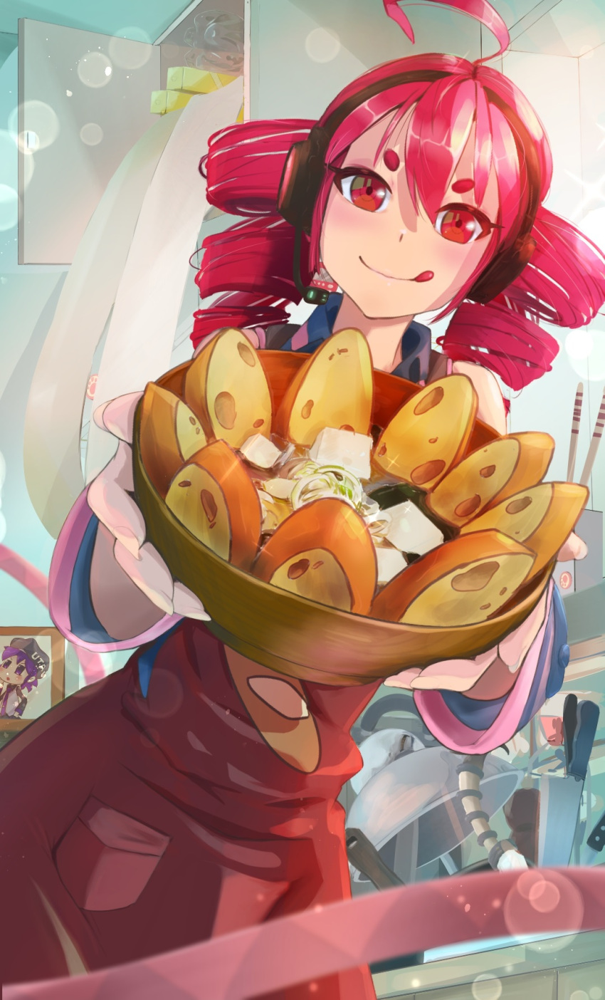 1girl :d ahoge apron baguette bare_shoulders blue_shirt bowl bread cabinet chopsticks commentary cowboy_shot drill_hair food food_focus food_print headphones headset highres holding holding_bowl incoming_food indoors kasane_teto kitchen knife lens_flare light_blush looking_at_viewer medium_hair miso_soup mixing_bowl photo_(object) red_apron red_eyes redhead rename0180908 shirt smile solo soup spring_onion standing thick_eyebrows tofu tongue tongue_out twin_drills utane_uta utau